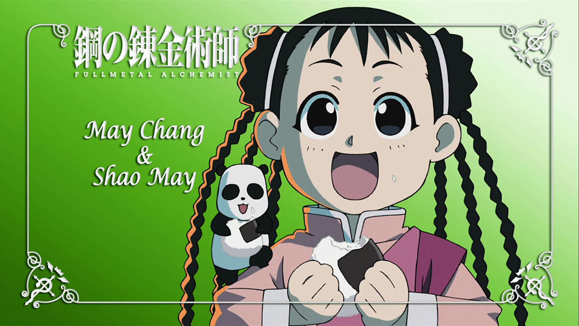 A vibrant HD wallpaper featuring May Chang and her panda companion, Shao May, from the anime Fullmetal Alchemist, set against a green background.