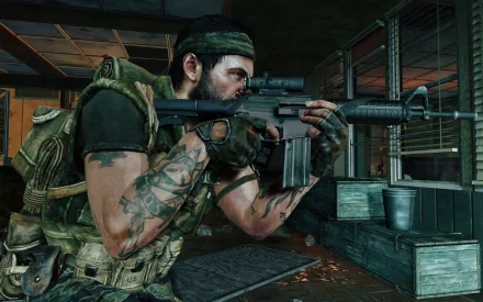 HD PC desktop wallpaper featuring a tactical soldier aiming a rifle inside a dimly lit industrial setting from the video game Call of Duty.