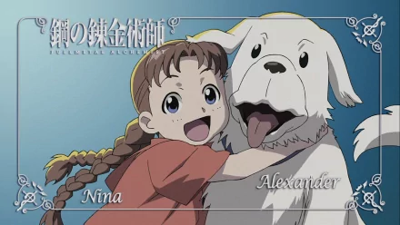 A cheerful girl with braided hair embraces a large white dog in this Fullmetal Alchemist HD wallpaper, capturing a heartfelt moment between Nina and Alexander.