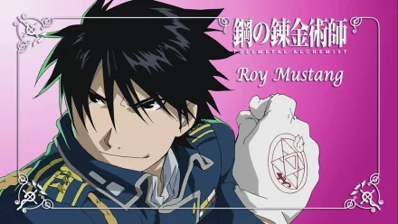 HD anime wallpaper of Roy Mustang from Fullmetal Alchemist, showing him smirking with his flame alchemy glove activated against a pink background.