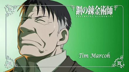 HD PC desktop wallpaper: anime portrait of Tim Marcoh from Fullmetal Alchemist — solemn close-up of the scientist against a green background with decorative corners and his name.