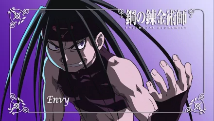 A vibrant HD wallpaper featuring Envy from Fullmetal Alchemist, showcasing the character's intense expression against a striking purple background.