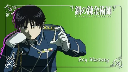 Roy Mustang from Fullmetal Alchemist poses confidently, holding a flask against a vibrant green background. This HD wallpaper captures his commanding presence and iconic style.