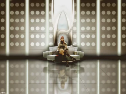 Claire Farron from Final Fantasy XIII sits on a futuristic chair in a high-definition desktop wallpaper and background. The room features reflective floors and illuminated circular patterns.