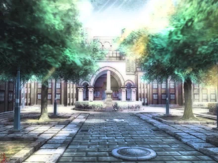 A vibrant HD desktop wallpaper featuring a serene outdoor scene from the video game Shadow Hearts, showcasing lush trees and elegant architecture.