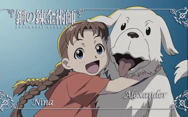 A cheerful girl with braided hair embraces a large white dog in this Fullmetal Alchemist HD wallpaper, capturing a heartfelt moment between Nina and Alexander.