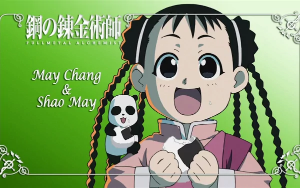 A vibrant HD wallpaper featuring May Chang and her panda companion, Shao May, from the anime Fullmetal Alchemist, set against a green background.