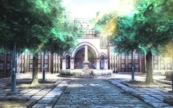 A vibrant HD desktop wallpaper featuring a serene outdoor scene from the video game Shadow Hearts, showcasing lush trees and elegant architecture.