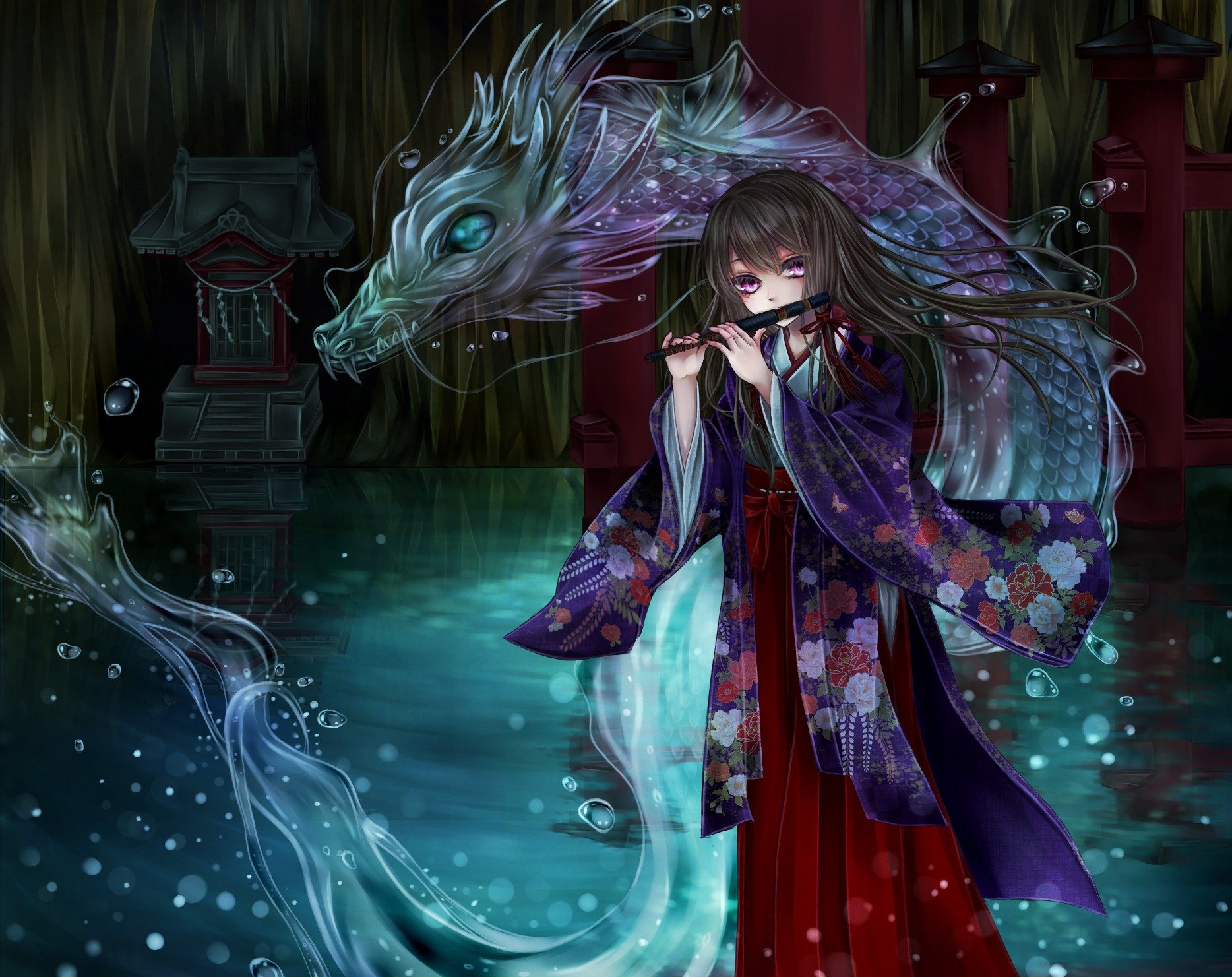 A captivating fantasy scene features a girl playing a flute, accompanied by a mystical dragon, set against a serene, water-filled backdrop. This HD wallpaper brings enchanting imagery to life.