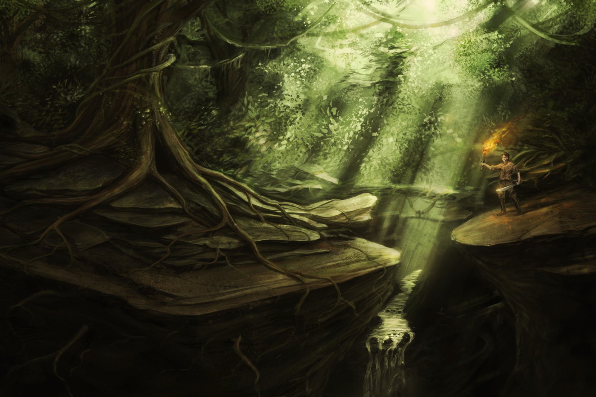 A 4K Ultra HD fantasy adventure scene showing a dense, mystical forest with sunbeams piercing through the canopy, illuminating a small waterfall and a lone traveler holding a torch.