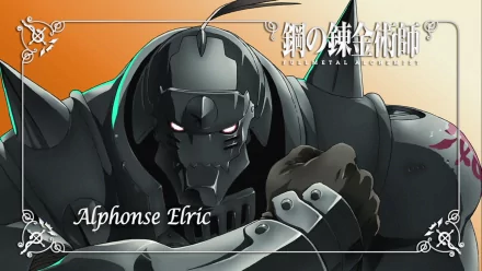 Alphonse Elric from Fullmetal Alchemist stands prominently in this HD desktop wallpaper, showcasing his iconic armor against a vibrant backdrop.