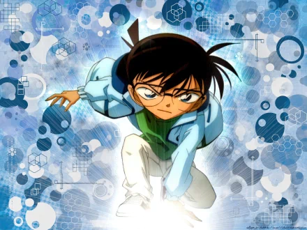 HD wallpaper featuring Conan Edogawa from Detective Conan, depicted in a dynamic pose against a vibrant, abstract blue background.