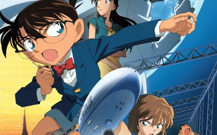 A vibrant HD wallpaper featuring Conan Edogawa, Shiho Miyano, Shinichi Kudo, and Ran Mouri from the anime Detective Conan, capturing their adventurous spirit.