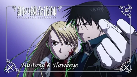 HD wallpaper featuring Riza Hawkeye and Roy Mustang from the anime Fullmetal Alchemist, showcasing their powerful presence and dynamic partnership.