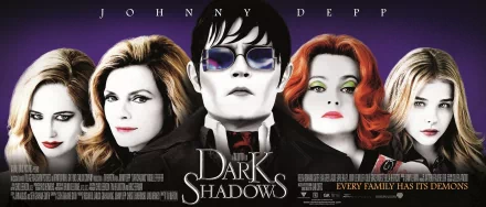 HD desktop wallpaper featuring Johnny Depp and co-stars in the movie Dark Shadows with a dark, gothic theme and bold purple background.