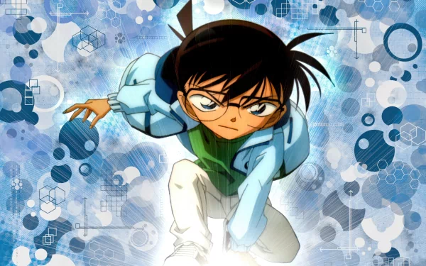 HD wallpaper featuring Conan Edogawa from Detective Conan, depicted in a dynamic pose against a vibrant, abstract blue background.