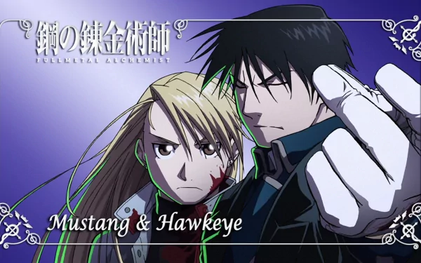 HD wallpaper featuring Riza Hawkeye and Roy Mustang from the anime Fullmetal Alchemist, showcasing their powerful presence and dynamic partnership.