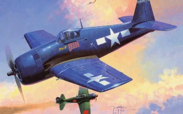 HD PC desktop wallpaper and background of a military Grumman F6F Hellcat fighter flying through a vivid sunset sky, with a smaller fighter visible below.