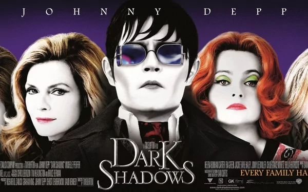 HD desktop wallpaper featuring Johnny Depp and co-stars in the movie Dark Shadows with a dark, gothic theme and bold purple background.