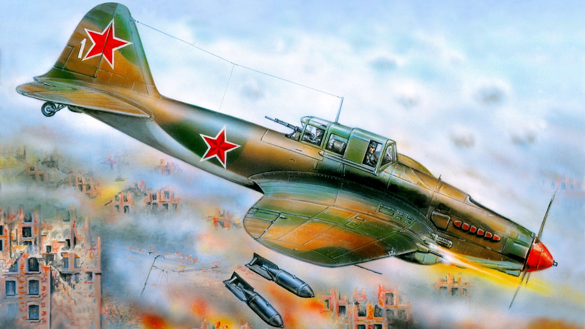 4K Ultra HD desktop wallpaper featuring a detailed military aircraft in flight, marked with red stars, over a cityscape engulfed in smoke and flames.