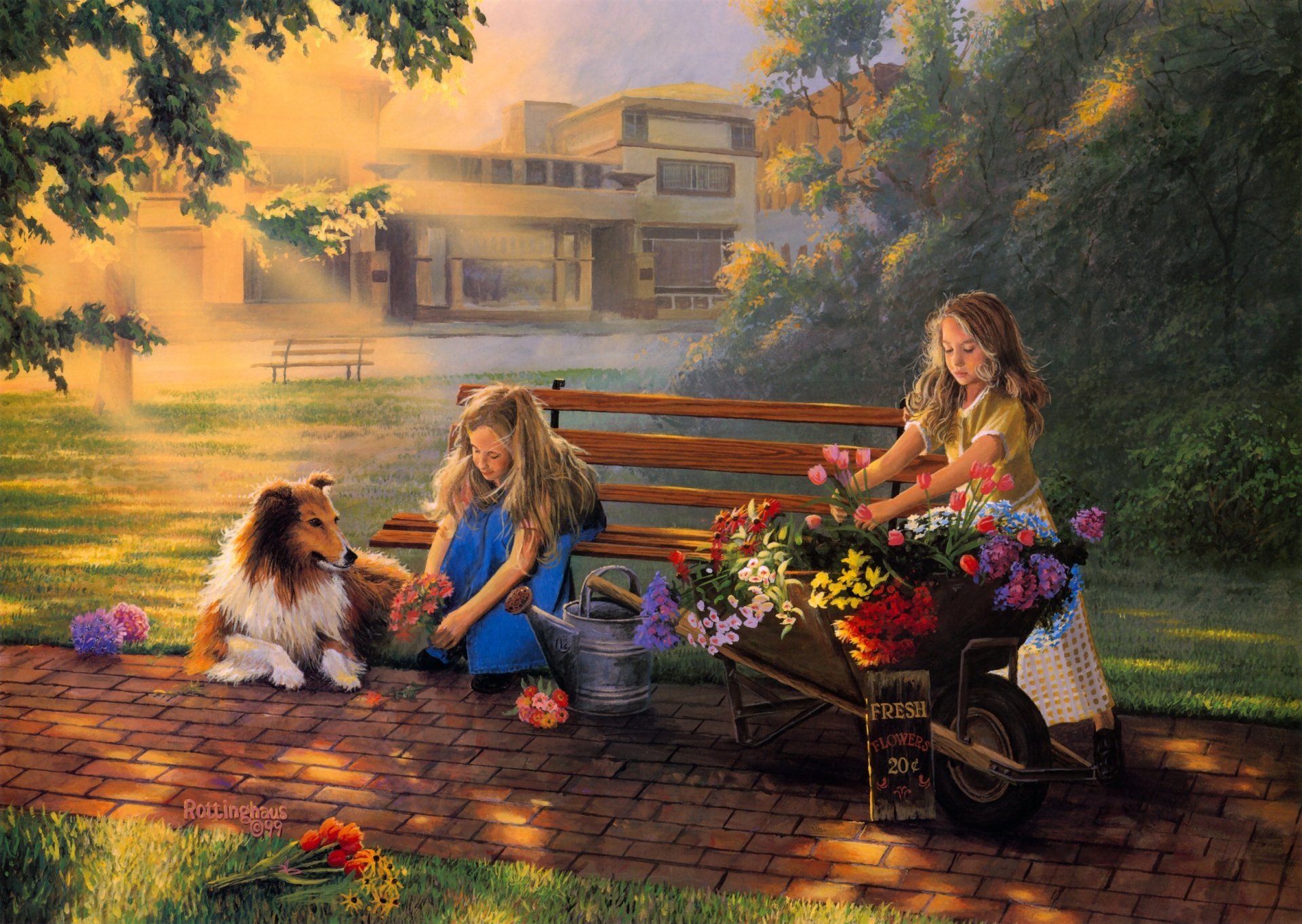 A vibrant artistic painting featuring two girls tending to flowers near a bench, with a dog beside them, set against a serene outdoor background. An enchanting HD desktop wallpaper.