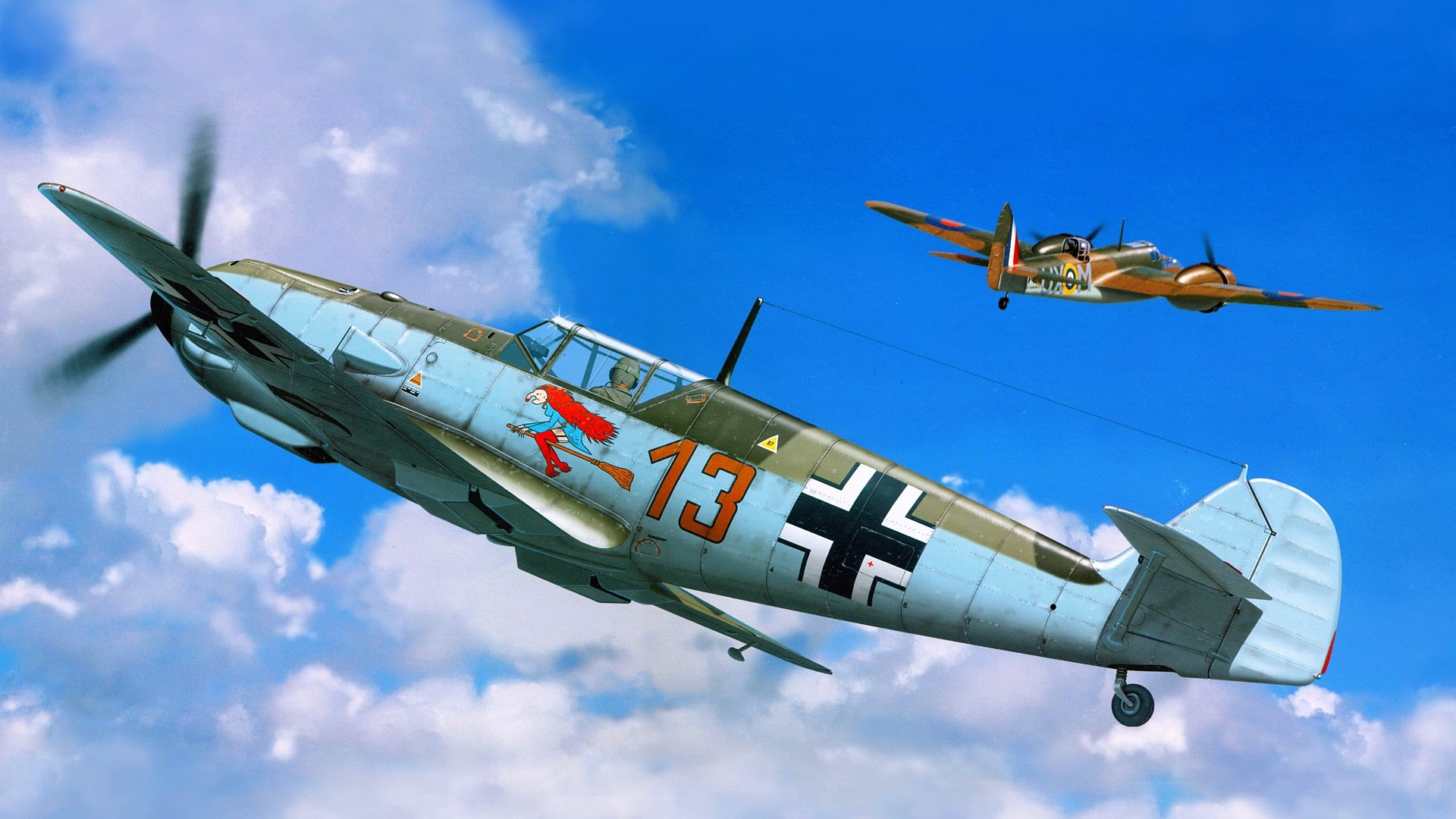 HD PC desktop wallpaper featuring two military aircraft flying through a partly cloudy blue sky, showcasing vintage warplane designs and markings.