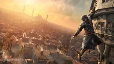 HD PC desktop wallpaper featuring a character from the video game Assassin's Creed: Revelations climbing a rooftop with a sunlit cityscape in the background.