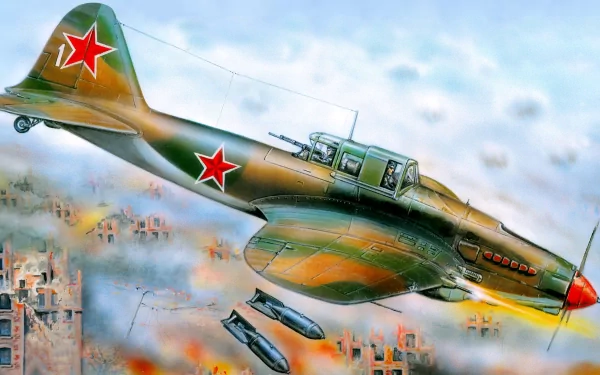 4K Ultra HD desktop wallpaper featuring a detailed military aircraft in flight, marked with red stars, over a cityscape engulfed in smoke and flames.