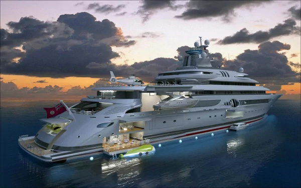A stunning yacht anchored in tranquil waters, illuminated by a vibrant sunset and surrounded by dramatic clouds, showcasing modern design and luxury. Perfect HD PC wallpaper.