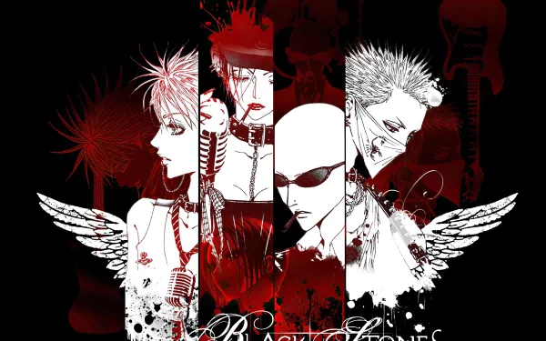 HD anime desktop wallpaper featuring characters from Nana with a dark, edgy design incorporating wings, microphones, and contrasting red, white, and black tones.