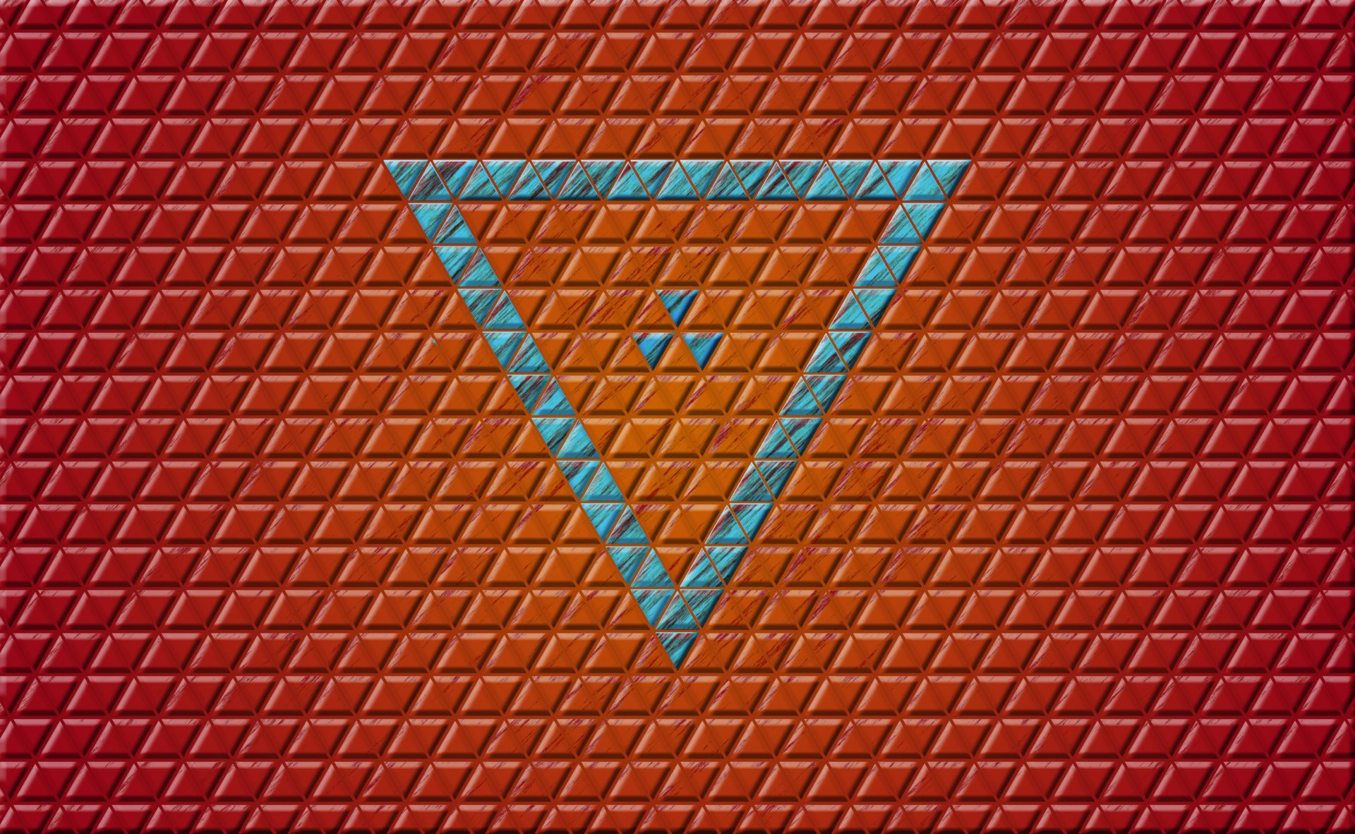 4K Ultra HD abstract desktop wallpaper featuring a geometric pattern of orange and blue triangles with gradient shading on a textured red background.