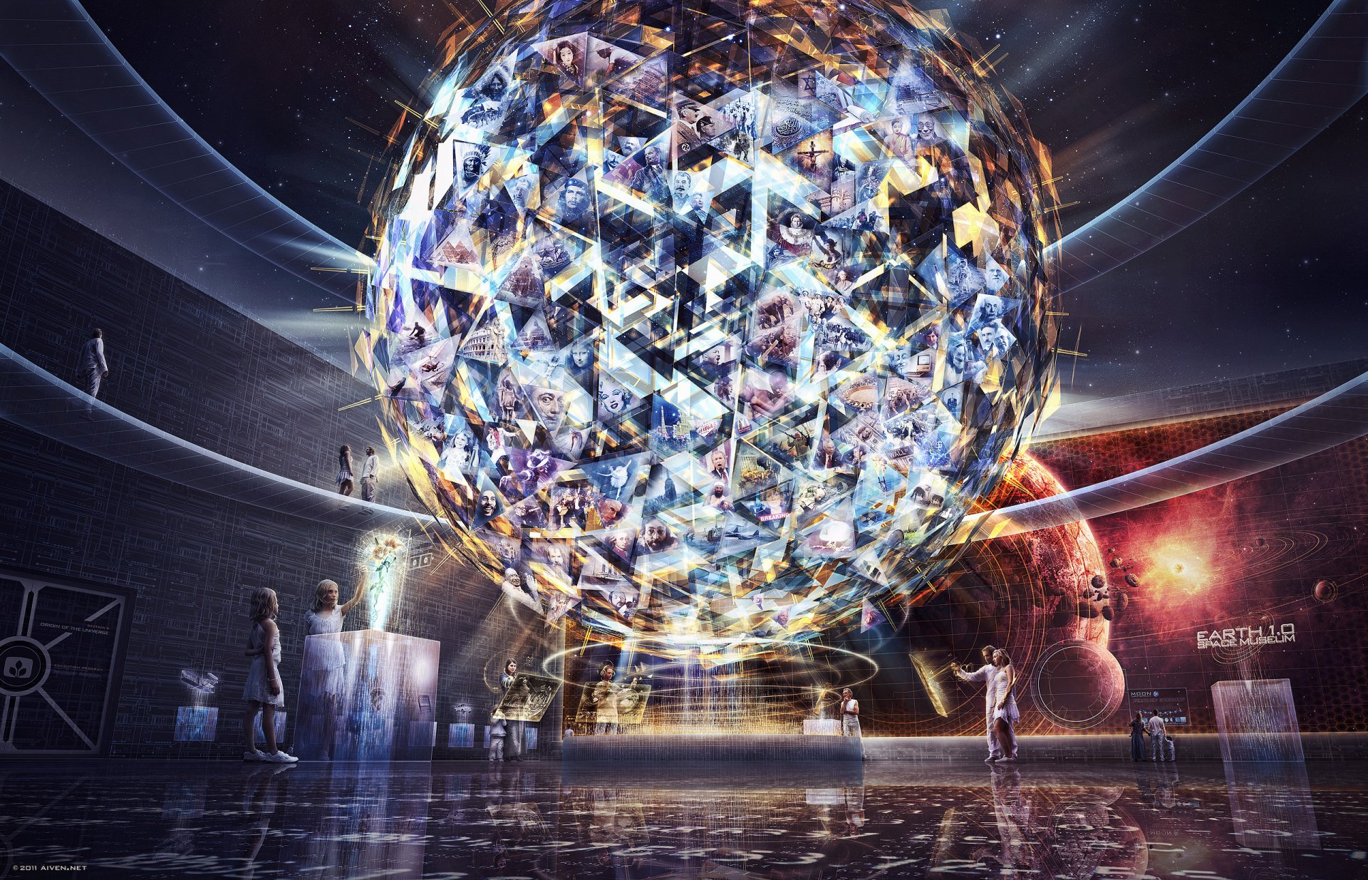 HD PC desktop wallpaper featuring a futuristic hologram sphere with intricate geometric patterns in a sci-fi environment.
