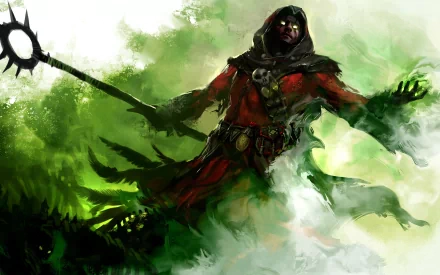 Concept art depicting a Necromancer from Guild Wars 2, surrounded by swirling green mist, with a dark, flowing robe and a staff, serving as an engaging HD desktop wallpaper.