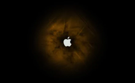 4K Ultra HD desktop wallpaper: Apple Inc. white logo centered on a black background with a smoky amber halo, high‑tech minimalist design.