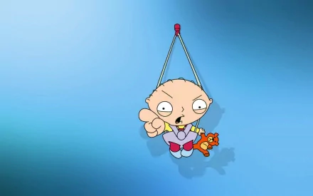 Stewie Griffin from the TV show Family Guy is featured in this HD desktop wallpaper, suspended in mid-air, pointing and holding his teddy bear.