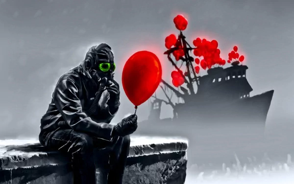 HD desktop wallpaper from the comic Romantically Apocalyptic, depicting a figure in a gas mask holding a red balloon near a shipwreck with red flowers against a gray background.