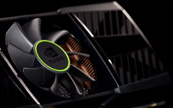 Close-up of an Nvidia graphics card fan with a 4K Ultra HD finish, highlighting advanced technology and sleek design for PC desktops.