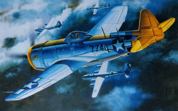 4K Ultra HD desktop wallpaper featuring a detailed illustration of a military aircraft flying amidst clouds with other planes in the background.