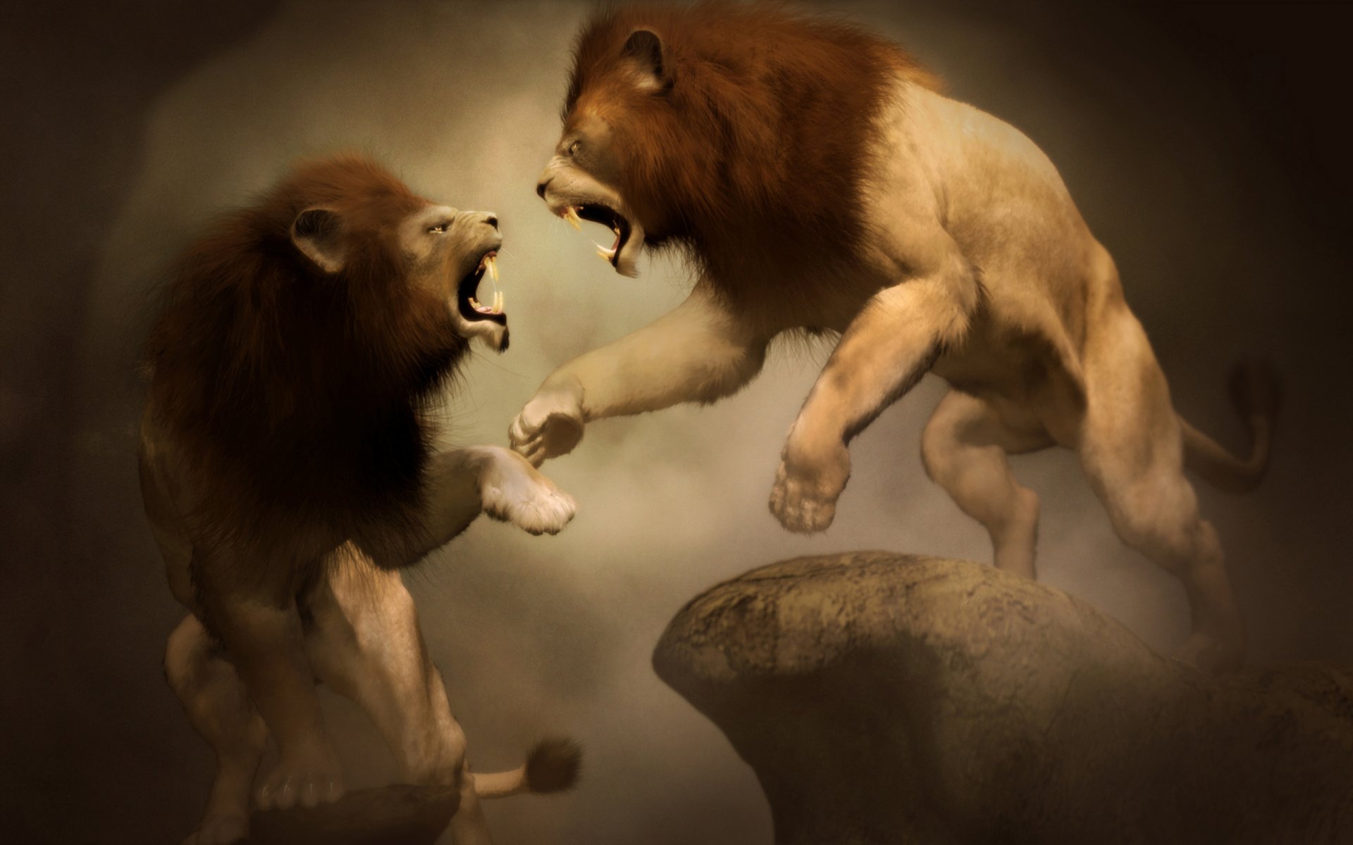 Artistic HD desktop wallpaper featuring two lions in a dramatic, intense clash, capturing powerful animal energy and dynamic movement.