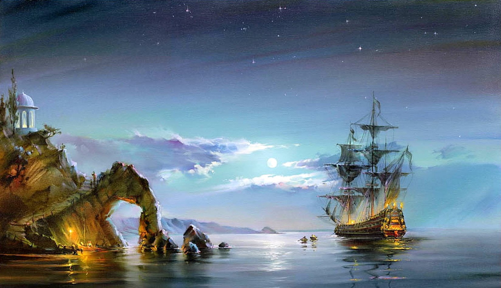 Fantasy-themed HD PC desktop wallpaper featuring a majestic ship sailing on calm waters near rocky cliffs under a starry twilight sky.