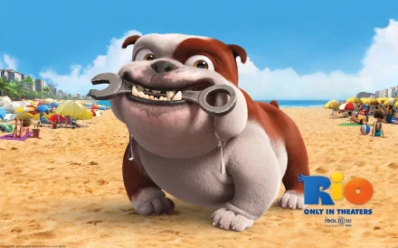 HD PC desktop wallpaper from the movie Rio featuring a playful bulldog holding a wrench on a sunny beach with colorful umbrellas and cityscape in the background.