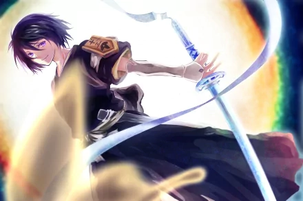 HD desktop wallpaper featuring Rukia Kuchiki from the anime Bleach, depicted holding her sword in a vibrant, dynamic pose against a glowing background.