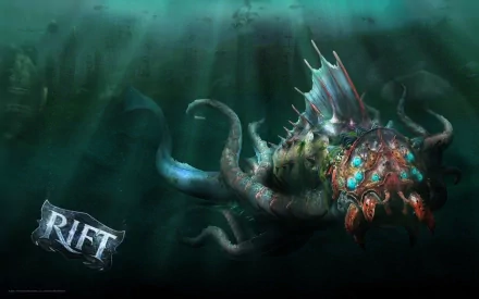 HD PC desktop wallpaper featuring a dark, underwater creature from the video game Rift, showcasing eerie glowing eyes and tentacles in a mysterious aquatic scene.