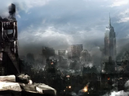 HD PC desktop wallpaper depicting a dark, smoky cityscape from the video game Prototype (2009) with ruined buildings under a cloudy sky.