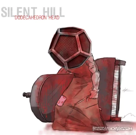 A haunting scene from Silent Hill, featuring a cloaked figure with a geometric head and a piano, presented as a high-definition PC desktop wallpaper and background.