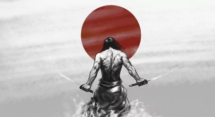 Fantasy samurai artwork showcased as an HD desktop wallpaper, featuring a samurai holding two swords against a dramatic background with a large red sun.