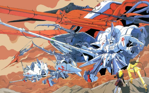 HD PC desktop wallpaper featuring detailed mecha and characters from the anime The Five Star Stories against a dramatic sky backdrop.
