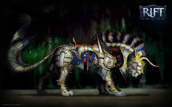 HD PC desktop wallpaper/background for the video game Rift: armored feline beast with striped mane, ornate gold-and-blue armor and glowing eyes prowling a dark forest, Rift logo top-right.