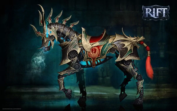 HD desktop wallpaper from the video game Rift featuring a colorful, intricately armored horse emitting blue smoke, set against a dark background with the Rift logo.