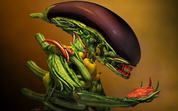 Artistic HD PC desktop wallpaper featuring a xenomorph-inspired alien made of vegetables, blending sci-fi and food elements in a detailed, imaginative design.
